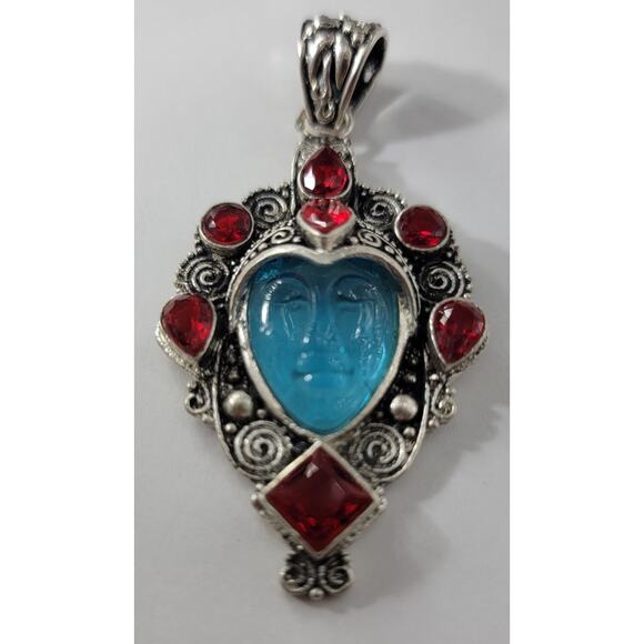 Unique Sterling Silver Pendant with Blue Carved Face and Red Gemstones - Picture 1 of 8